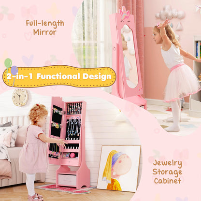 Kids Jewelry Cabinet with Full-Length Mirror and Foldable Drawer
