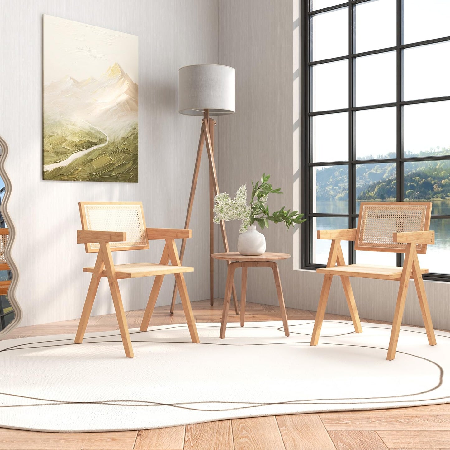 Rattan Accent Chairs Set of 2 with Natural Bamboo Frame