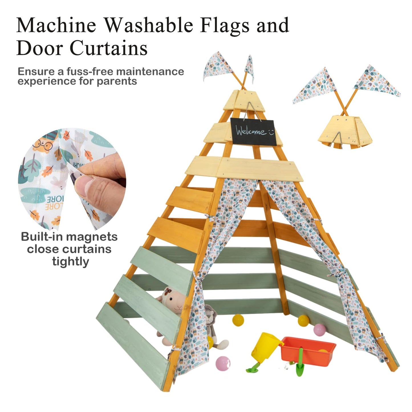 Wooden Play Tent Kids Teepee Tent with Door Curtains for Children 3-8 Years Old