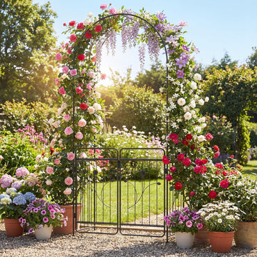 Garden Arch with Gate, Metal Pergola Arbor Trellis for Climbing Plant