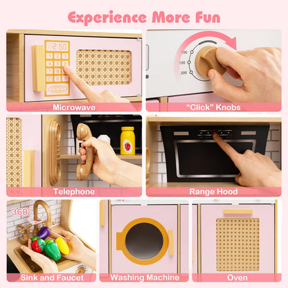 Wooden Kids Kitchen Playset with Real Sounds Lights Stove Water Dispenser