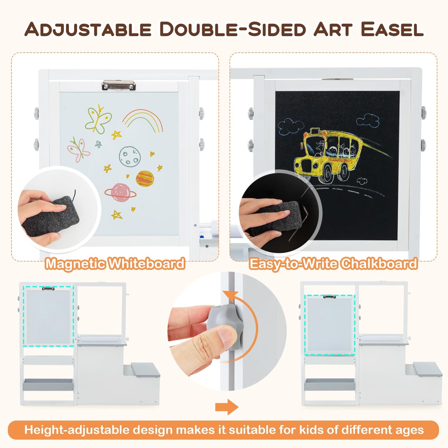 Kids Art Easel Table and Bench Set with Adjustable Easel and Bookshelf