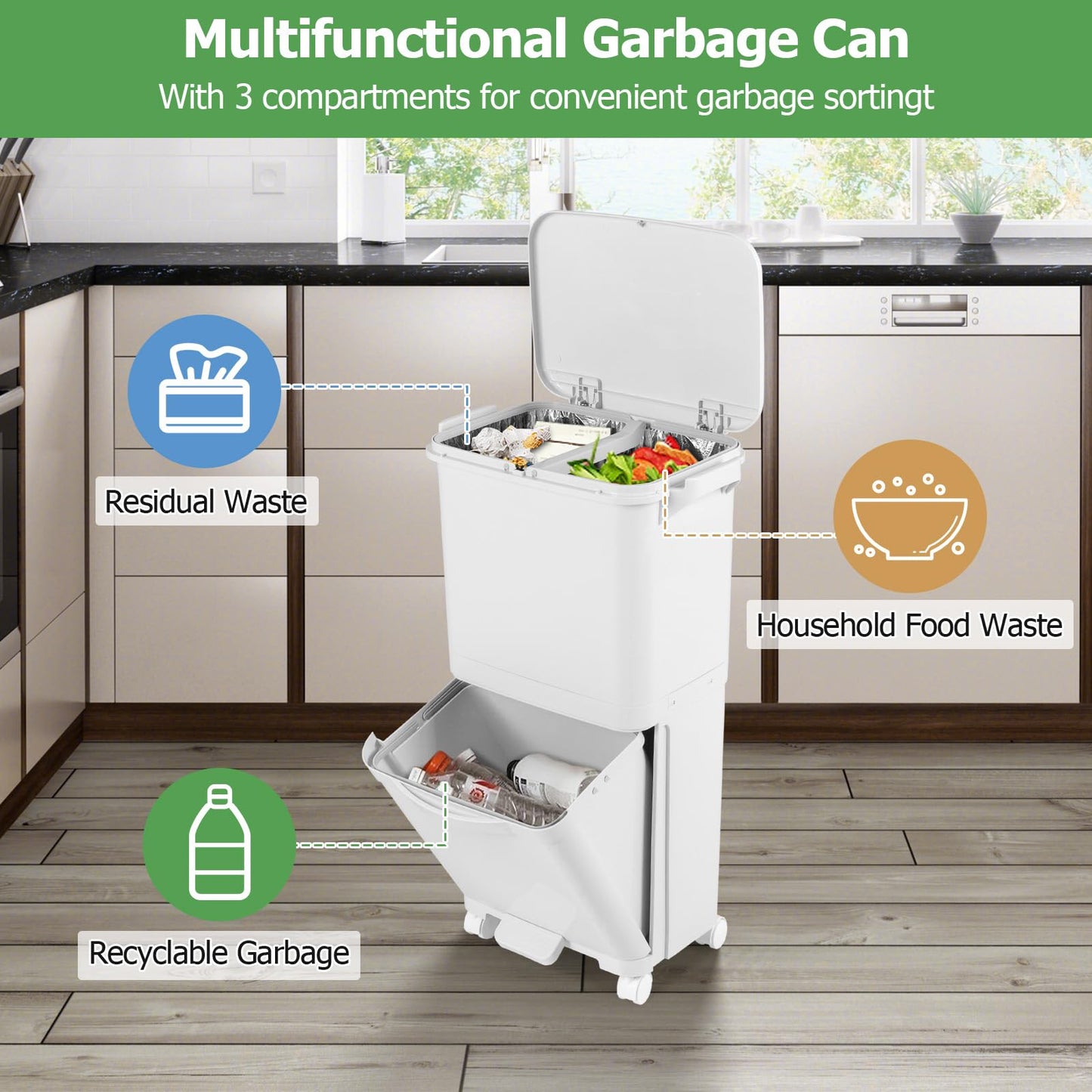 Giantex Recycling Bins 40L Pedal Kitchen Bin with 3 Compartments Lockable Wheels