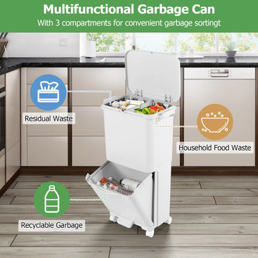 Giantex Recycling Bins 40L Pedal Kitchen Bin with 3 Compartments Lockable Wheels