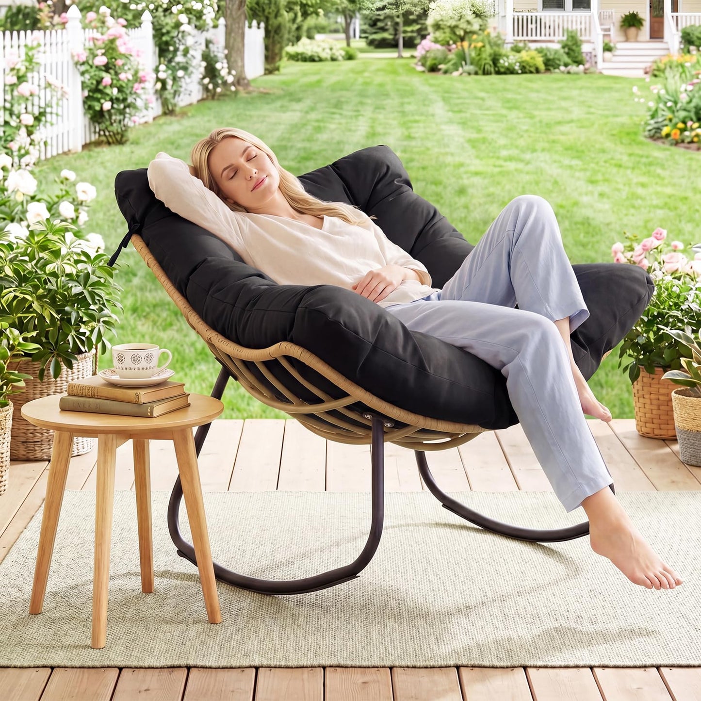 Outdoor Rocking Chair, Oversized Patio Wicker Egg Chair with Thick and Removable Cushion