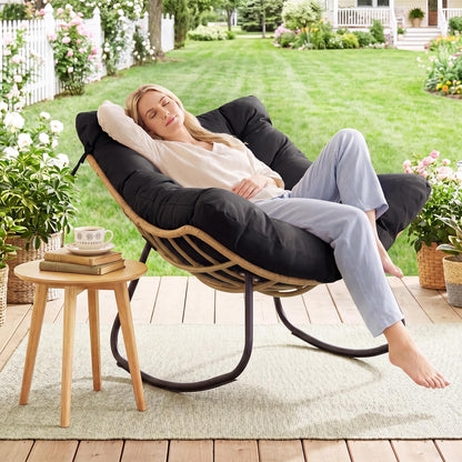 Outdoor Rocking Chair, Oversized Patio Wicker Egg Chair with Thick and Removable Cushion
