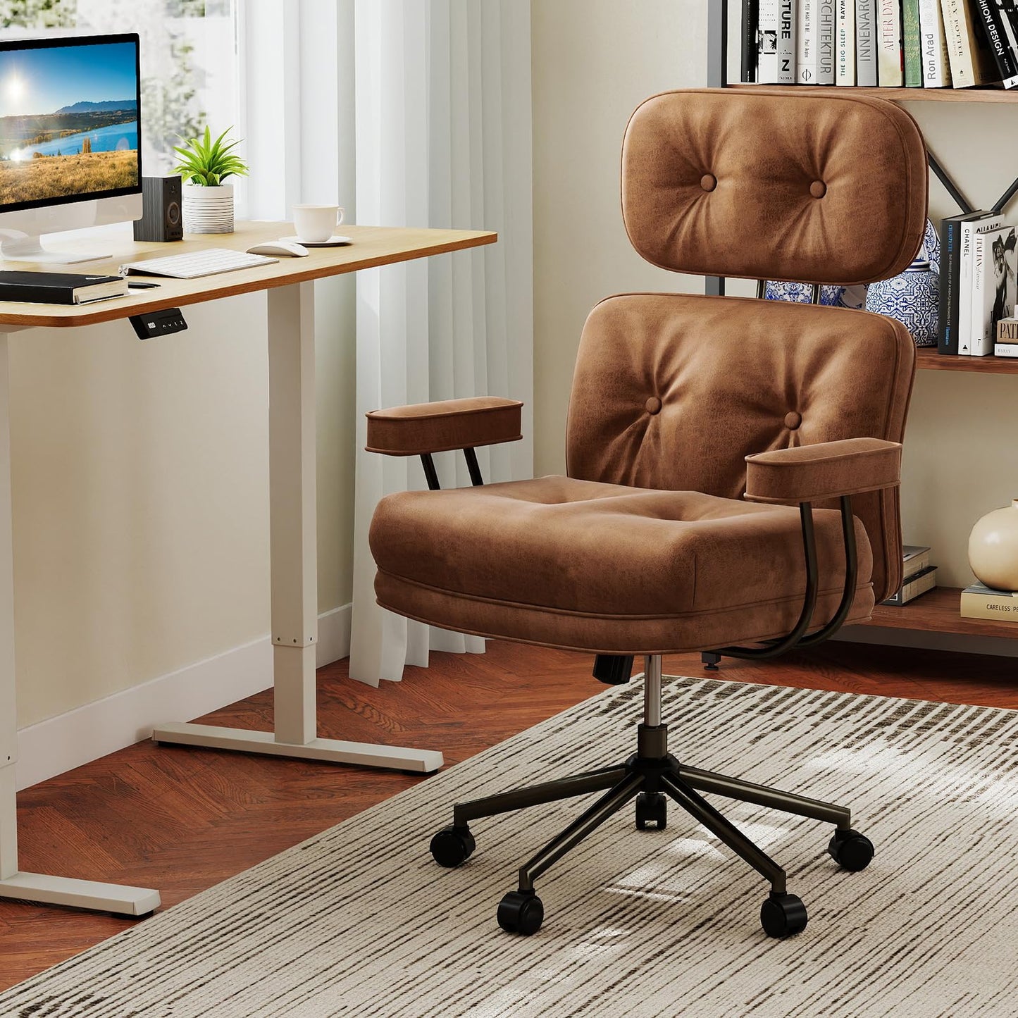 Ergonomic Home Office Chair Mid Century Modern Computer Desk Chair with Wide Tufted Seat
