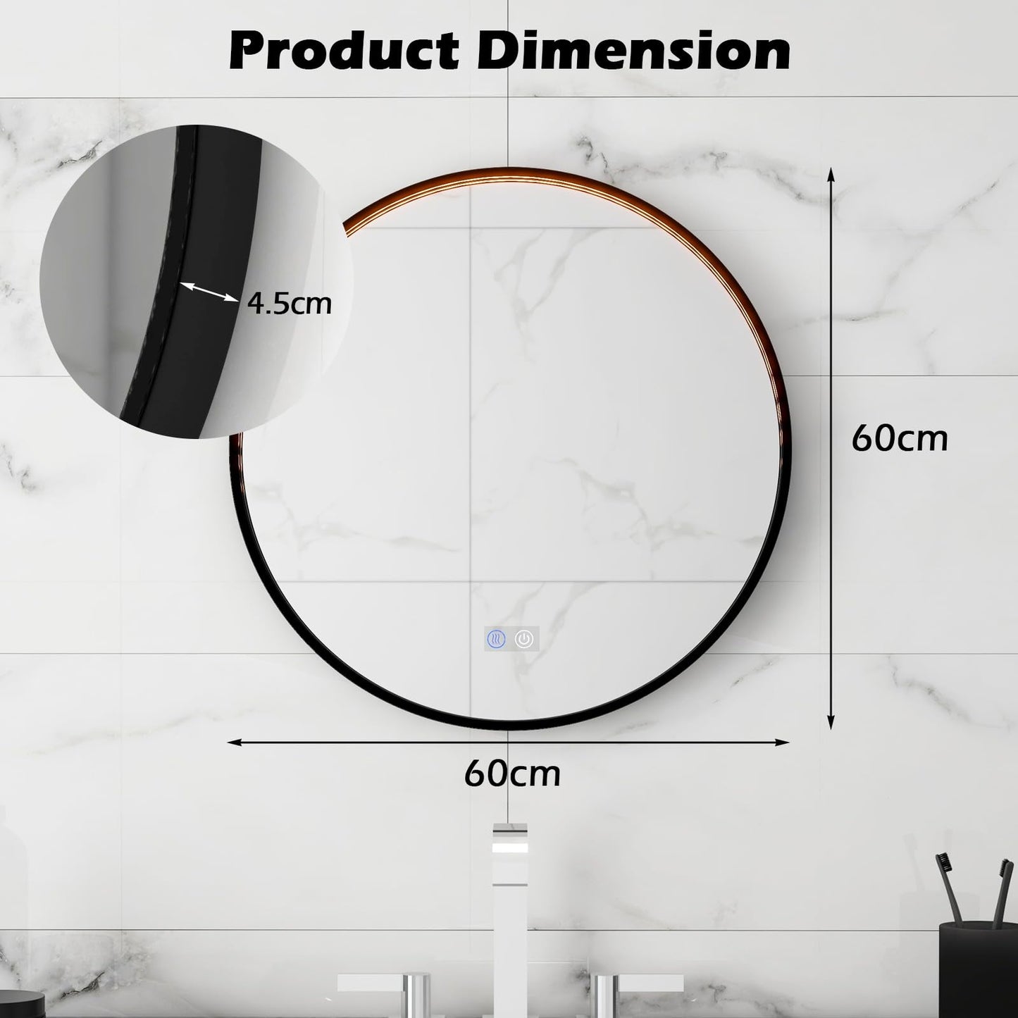 60 CM Round Bathroom Mirror with LED Lights and Anti-Fog Design