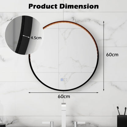 60 CM Round Bathroom Mirror with LED Lights and Anti-Fog Design