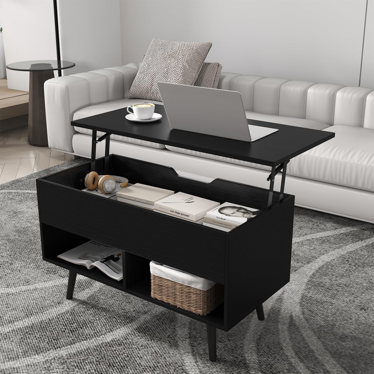 Lift Up Top Coffee Table with Hidden Storage Compartment and Open Shelf