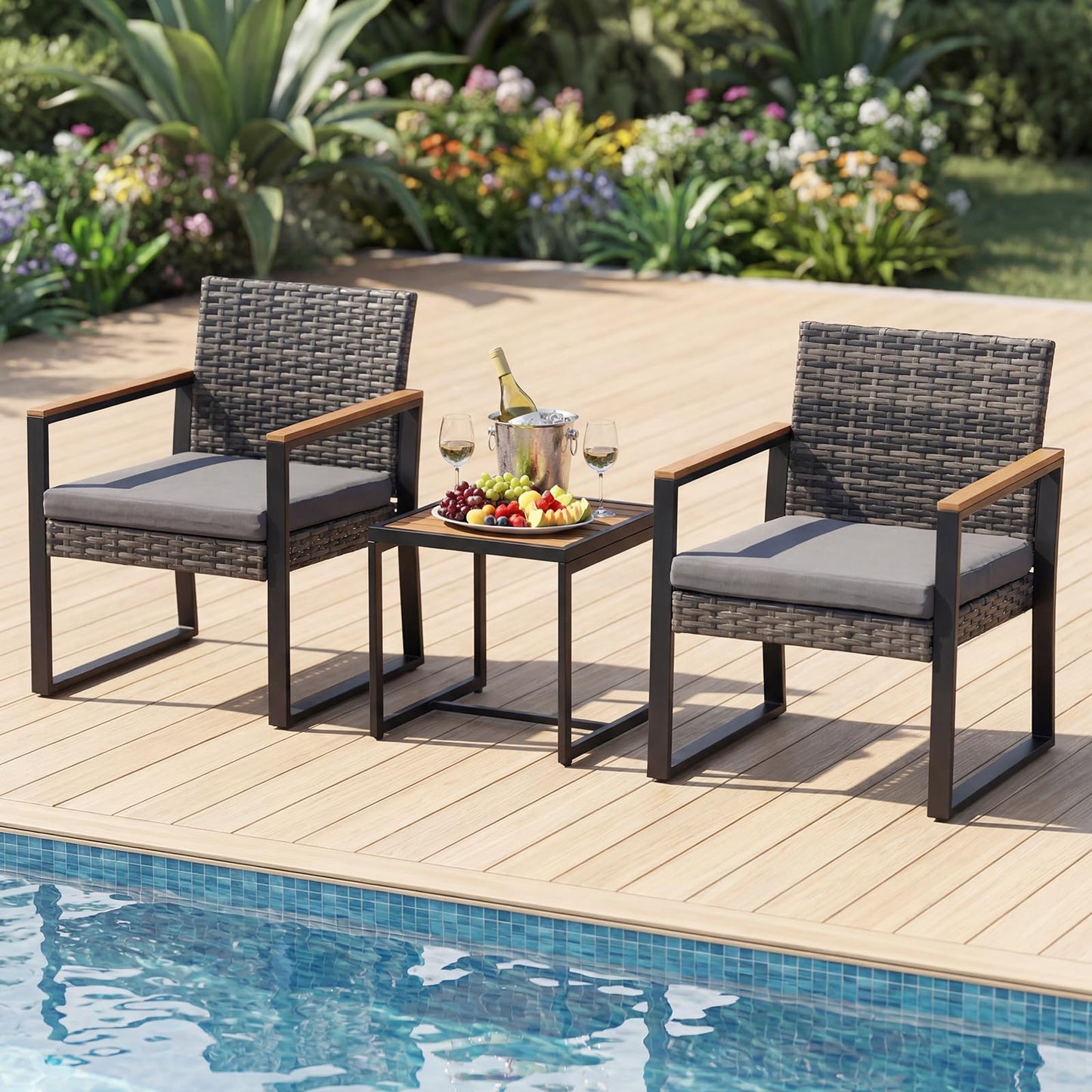 3 Pieces Patio Rattan Bistro Set, PE Wicker Garden Furniture Set with Soft Cushion and Side Table
