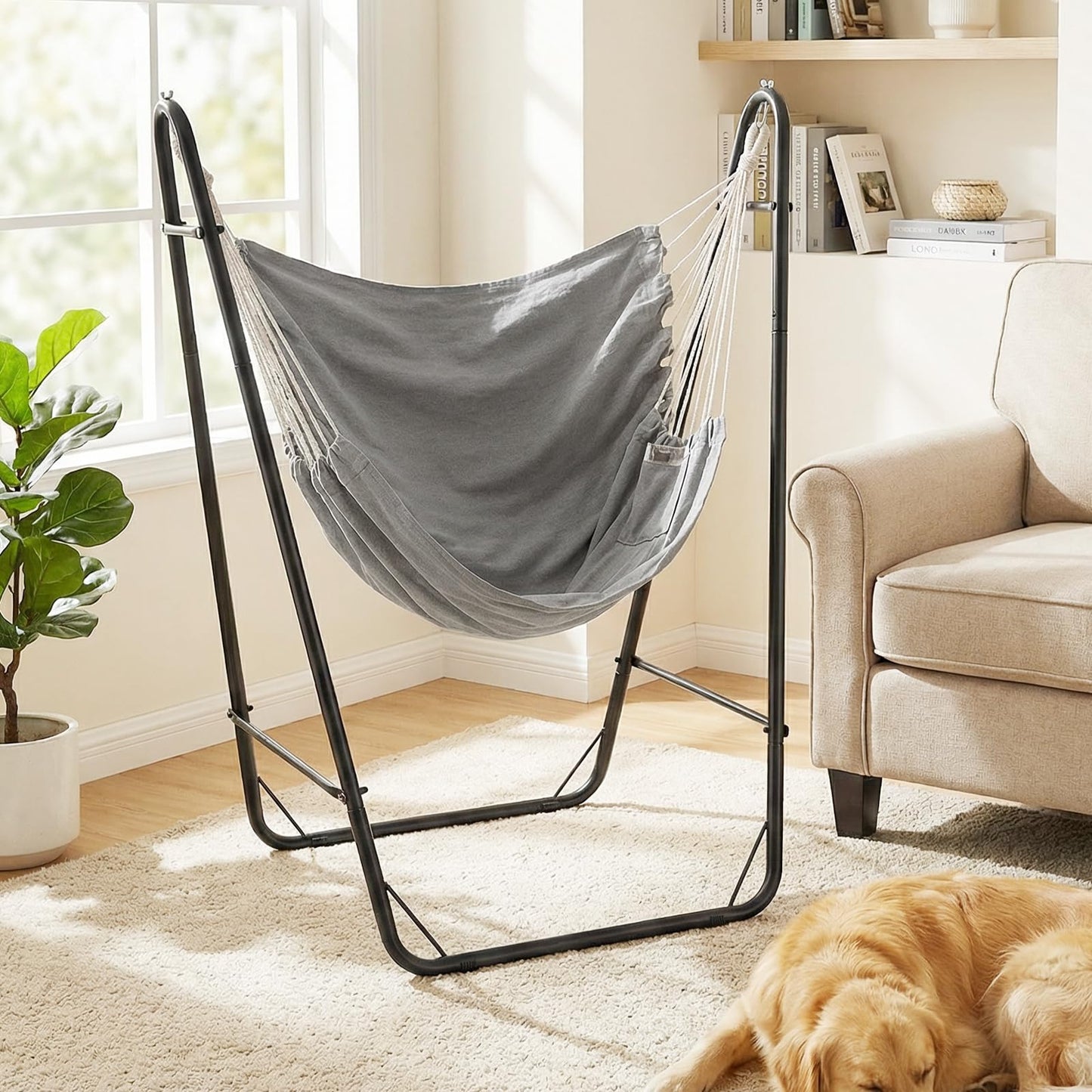 Hammock Chair with Stand, Heavy Duty Metal Frame Swing Chair with Side Pocket