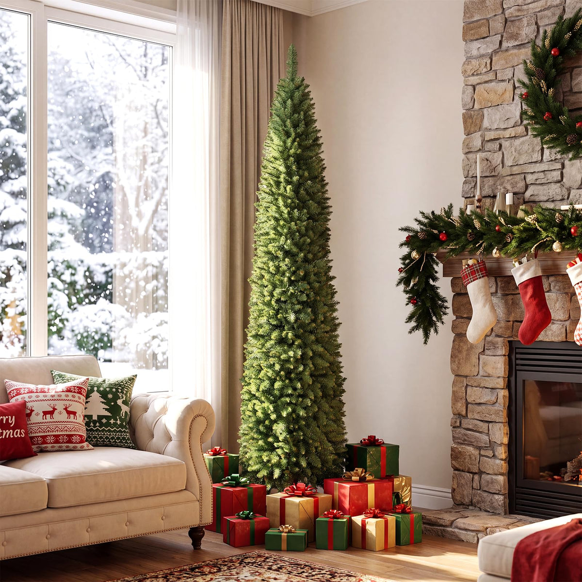 7FT Pre-Lit Artificial Christmas Tree, Slim Pencil Xmas Tree
