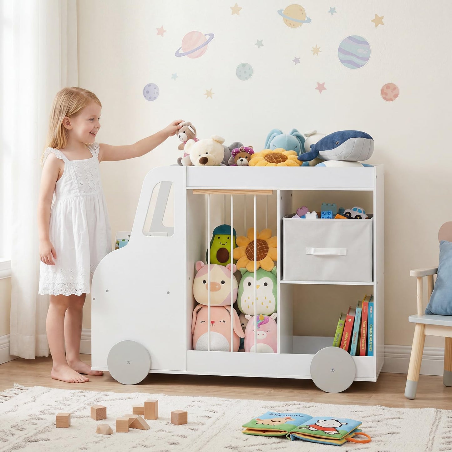 Toy Storage Organizer with Open Shelves & Fabric Drawer for Playroom Nursery