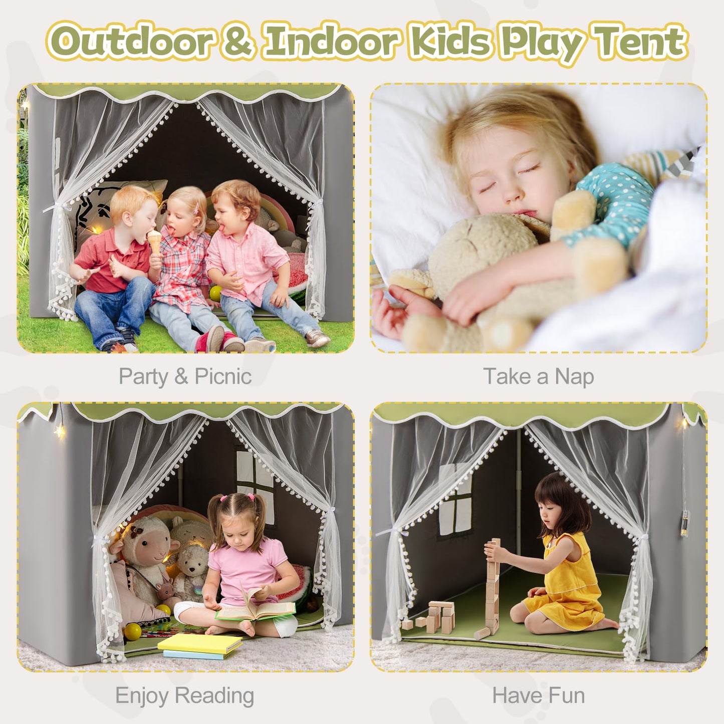 Large Kids Play House with Washable Mat and Star Lights