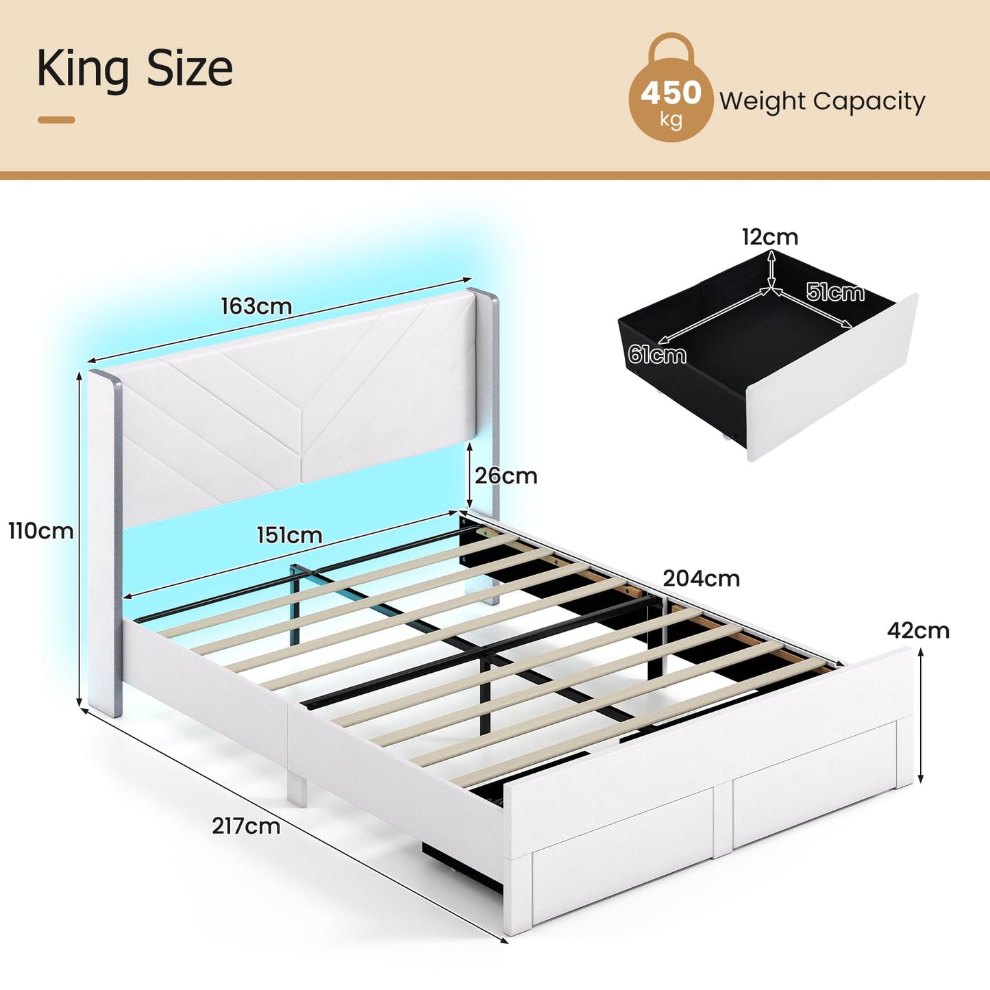 5FT King Size Bed Frame with RGB LED Lights, Velvet Upholstered Platform Beds