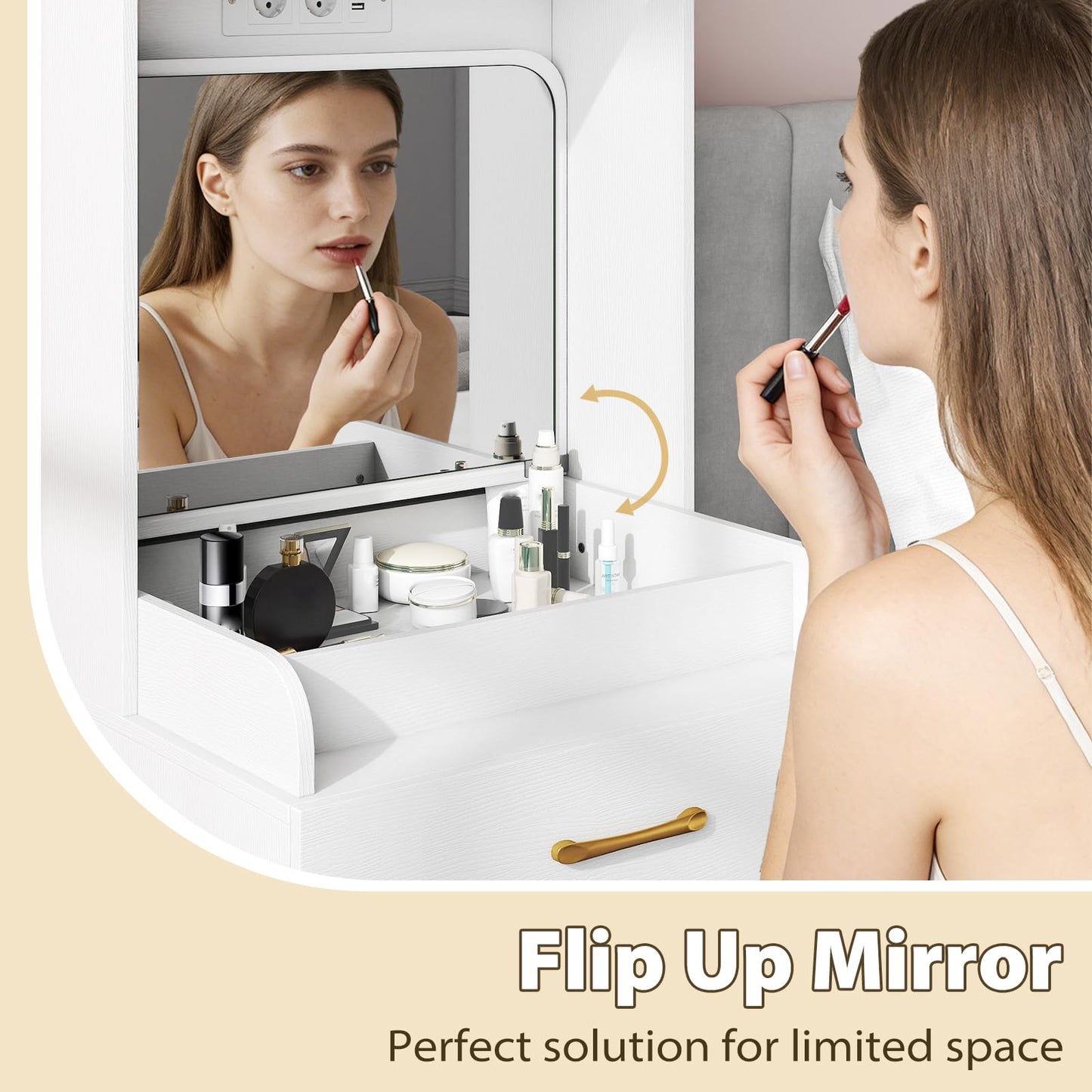 Small Dressing Table with Flip Up Mirror and Cushioned Storage Stool