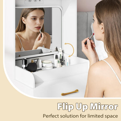 Small Dressing Table with Flip Up Mirror and Cushioned Storage Stool