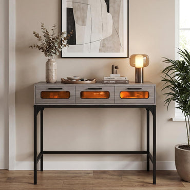Console Table with LED Lights and Charging Station, 90cm Narrow Entryway Table with 3 Drawers