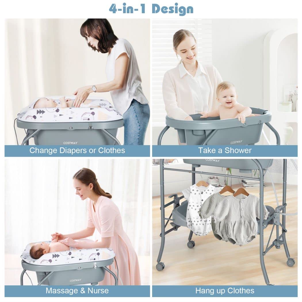 4 in 1 Baby Changing Table Folding Infant Nursery Station with Bath Tub
