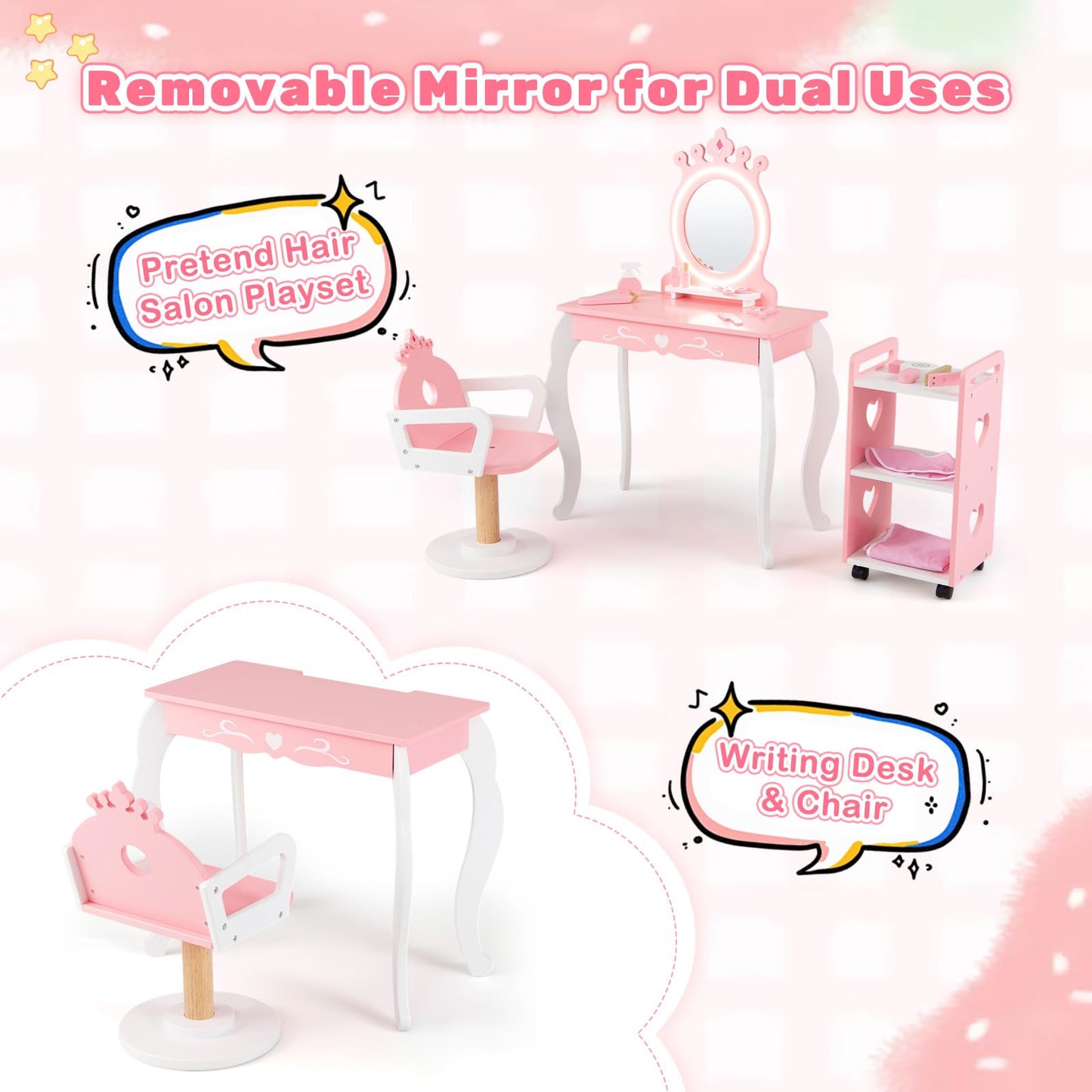 Kids Vanity Table and Chair Set, Girls Dressing Table