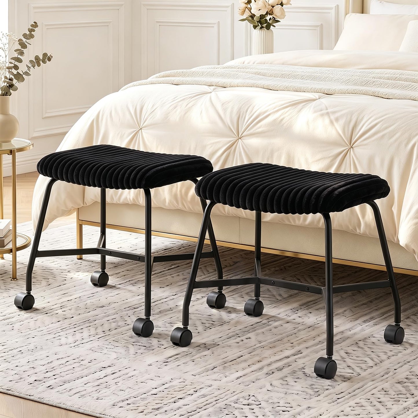 Rolling Makeup Vanity Stool Set of 2, Plush Accent Footrest