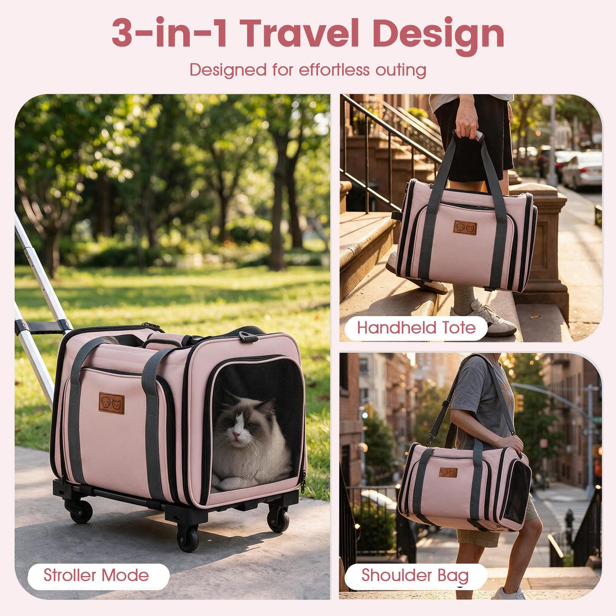 Rolling Cat Carrier with Wheels and Telescopic Handle