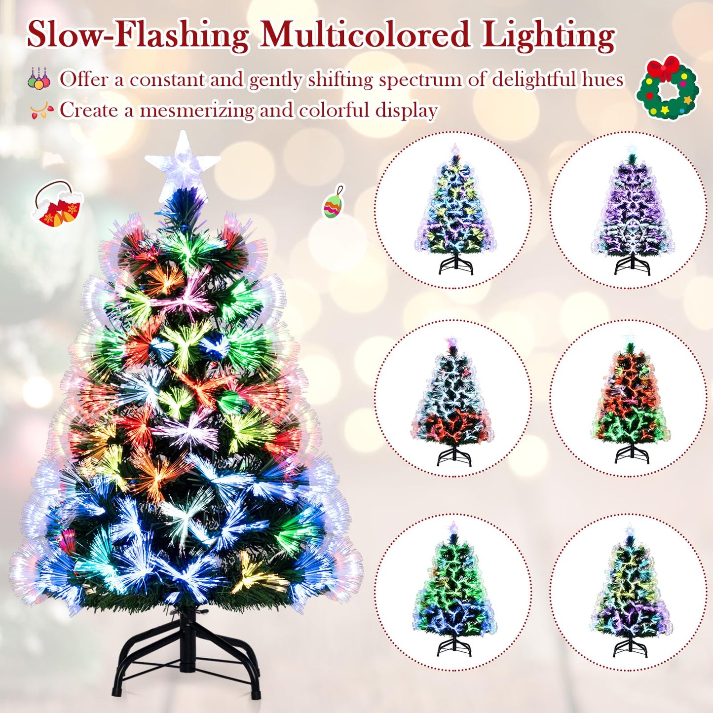 3 FT Fiber Optic Christmas Tree Artificial Pre-Lit Xmas Tree with 93 Branch Tips