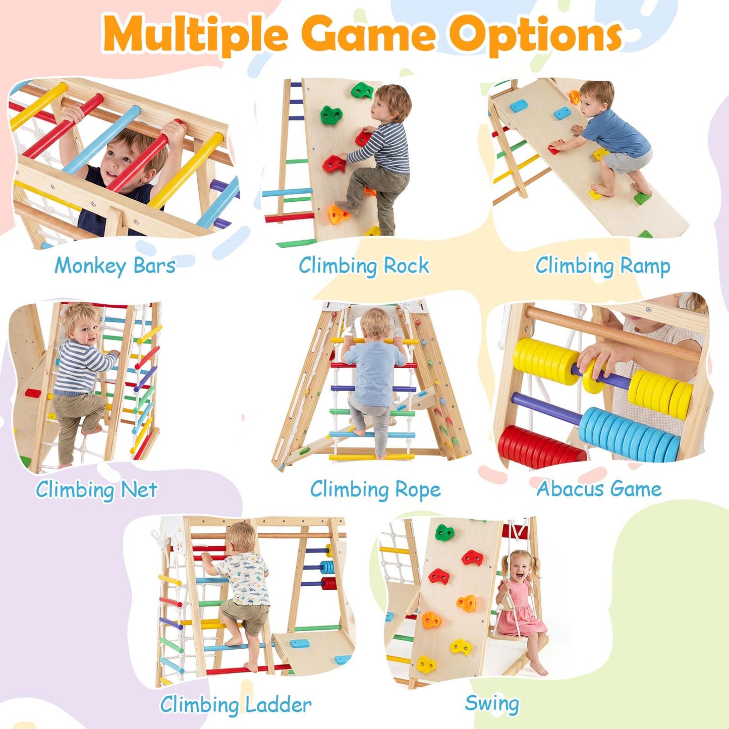 Indoor Climbing Frame, 8 in 1 Wooden Kids Jungle Gym with Swing