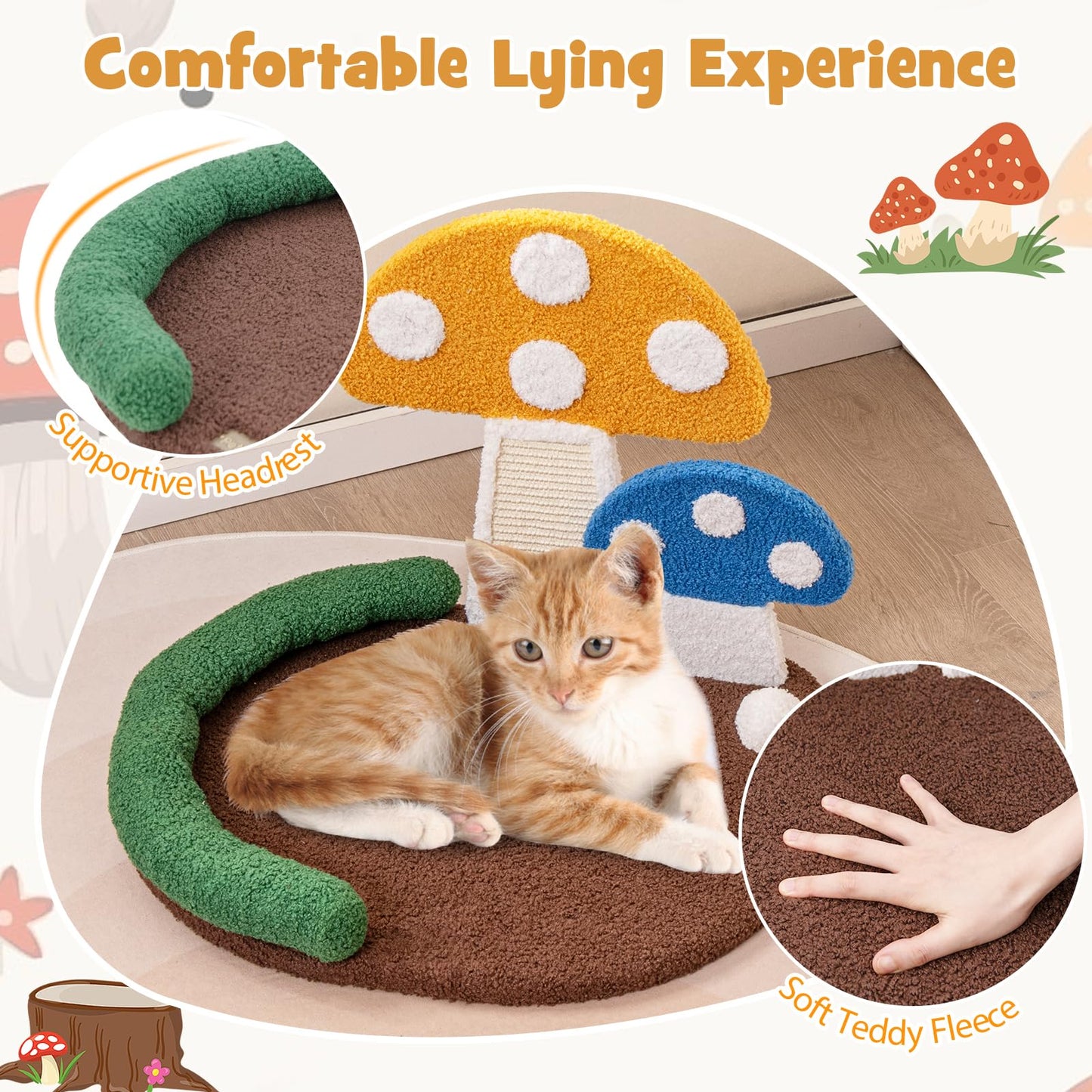 Mushroom Cat Bed with Wide Large Platform and Sisal Scratching Panel