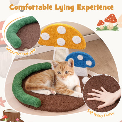 Mushroom Cat Bed with Wide Large Platform and Sisal Scratching Panel