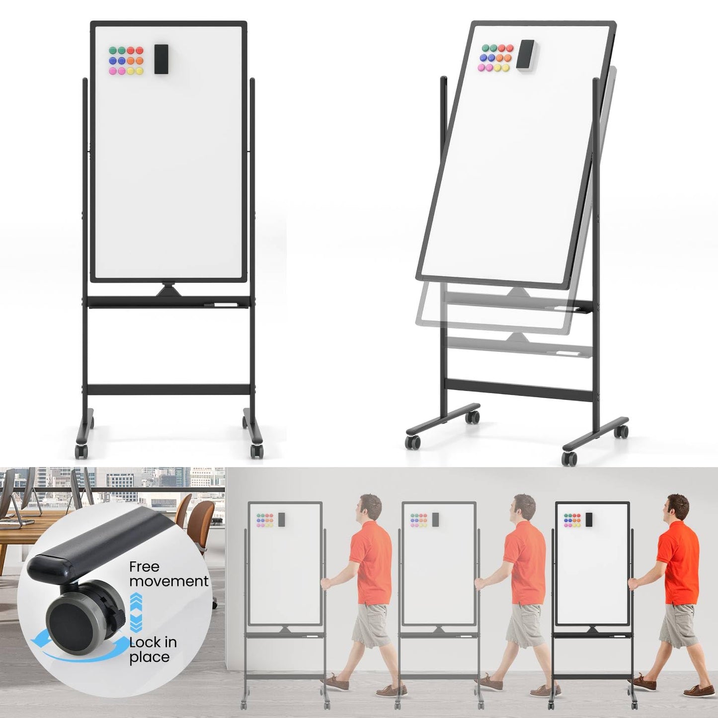 Reversible Rolling White Board with Black Markers and Board Eraser