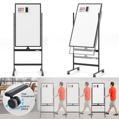 Reversible Rolling White Board with Black Markers and Board Eraser
