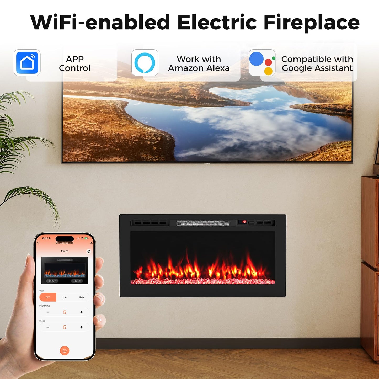WiFi-Enabled Electric Fireplace Compatible with Alexa and Google Assistant