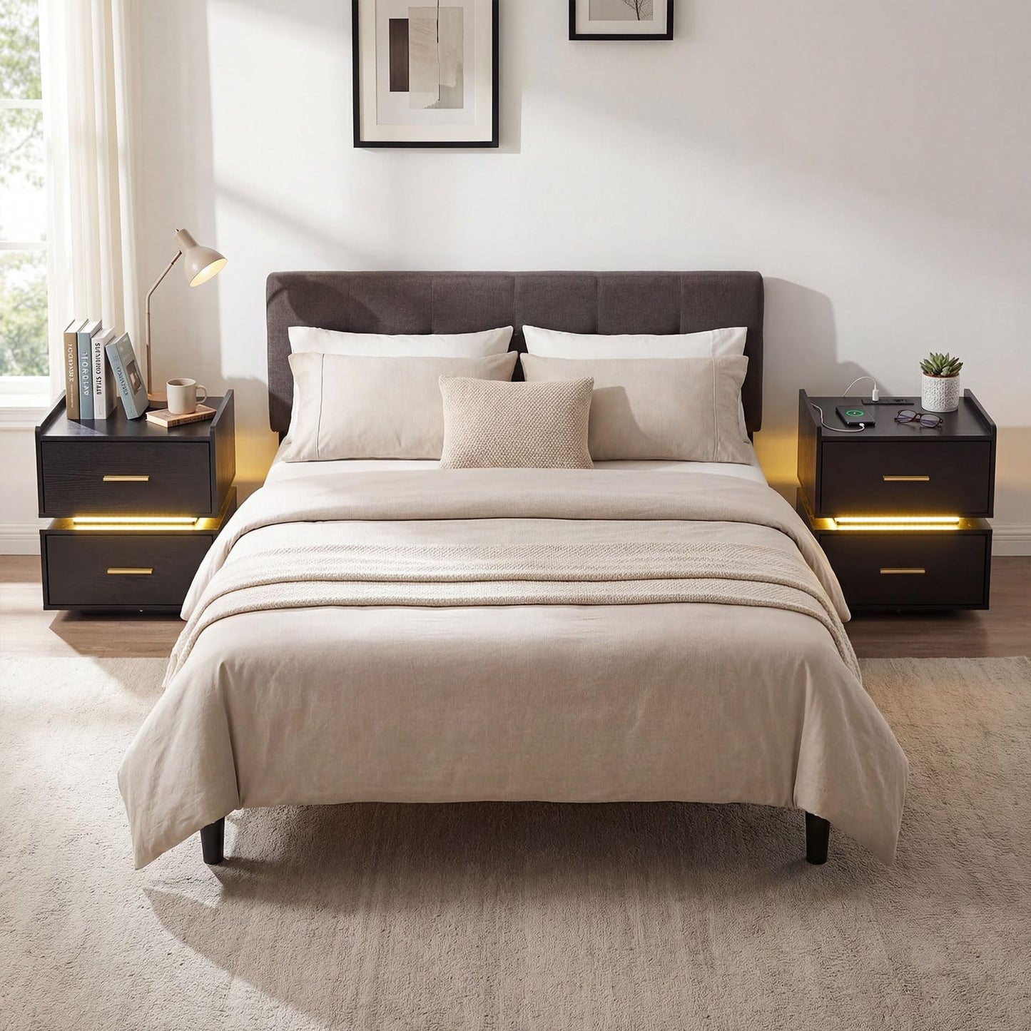 Nightstand with Charging Station and 2 Storage Drawers