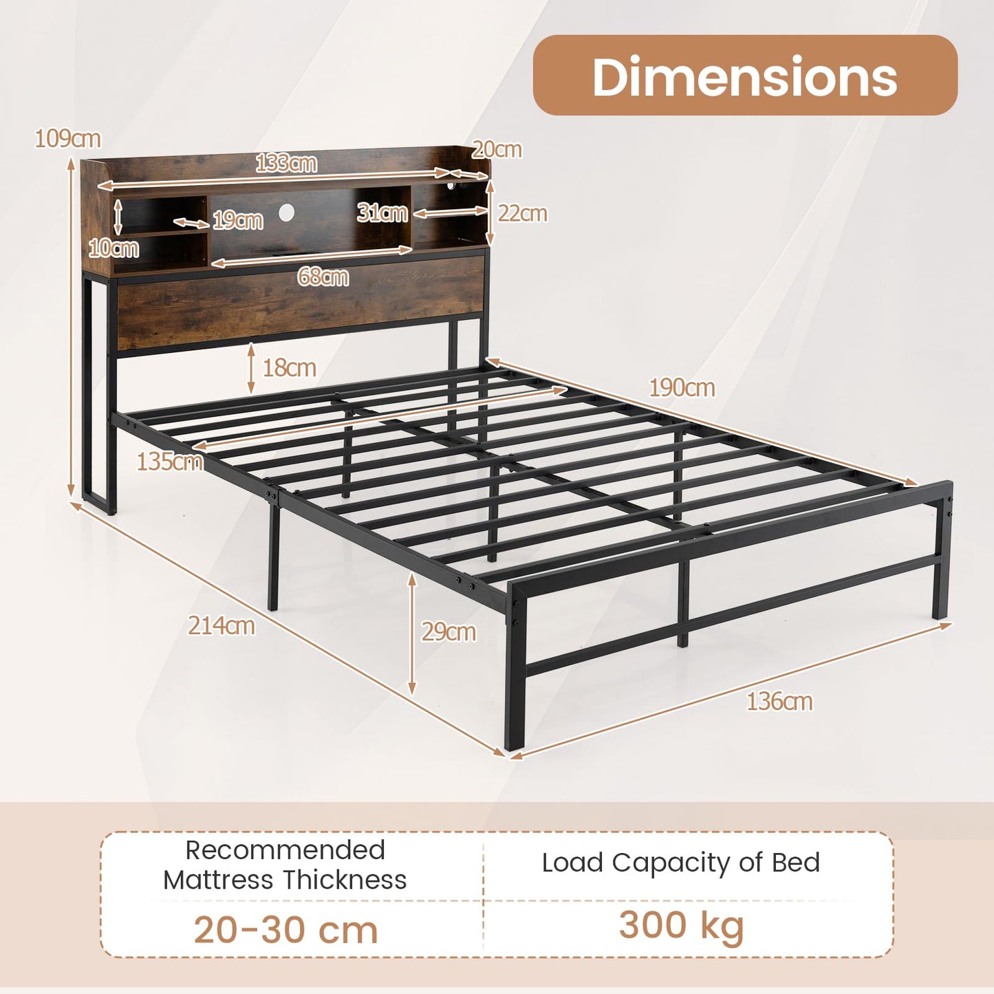 Double/King Size Bed Frame with LED Lights and Charging Station