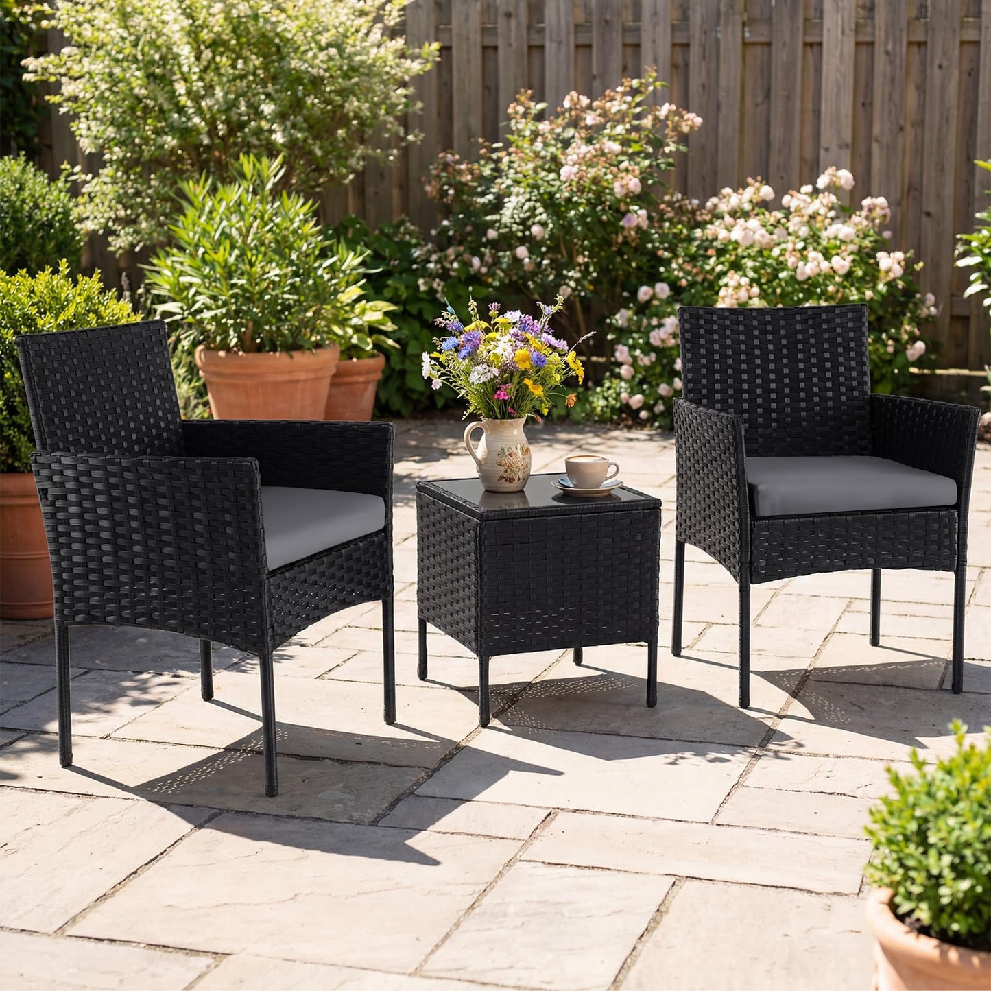 3-Piece Patio Bistro Set, PE Rattan Furniture Set with Soft Cushions & Tempered Glass Top Table