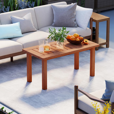 Garden Coffee Table, 90cm Hardwood Patio Side Table with Slatted Top