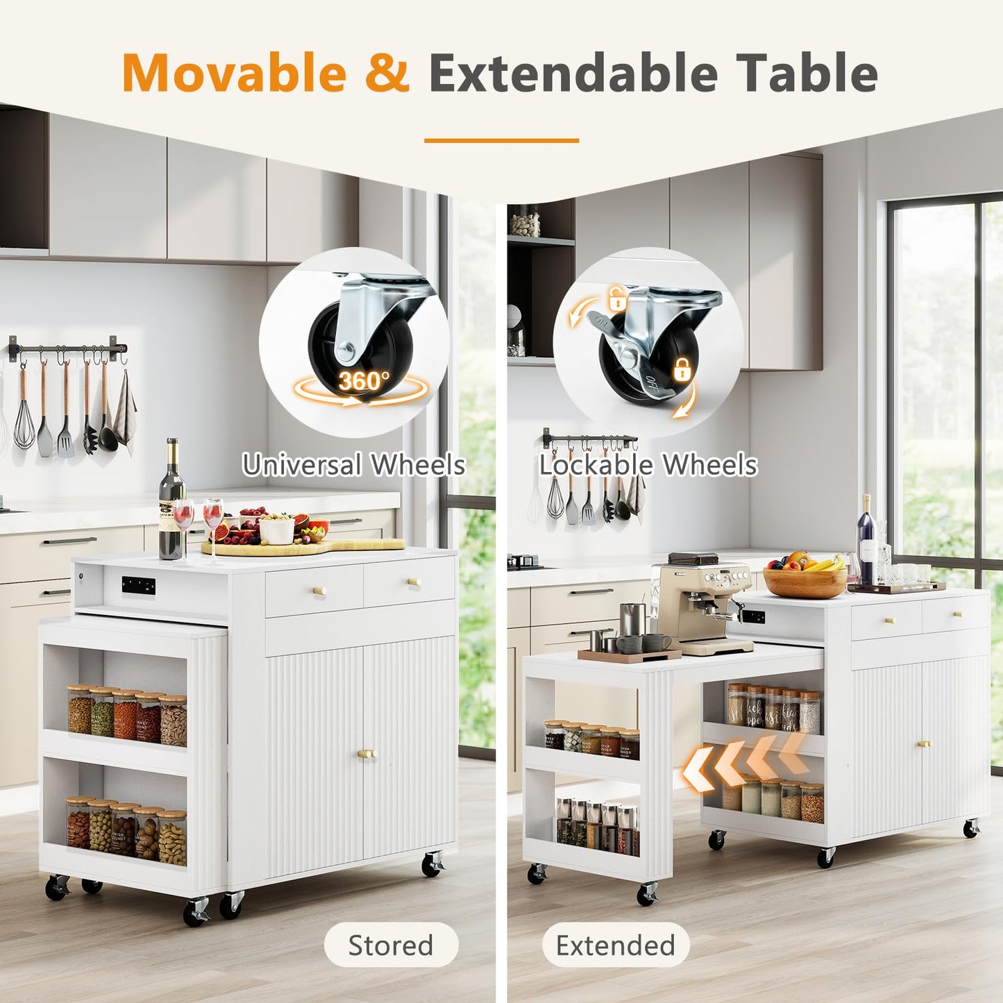 180cm Kitchen Island on Wheels with Extendable Table & Power Outlet