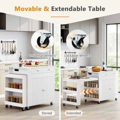 180cm Kitchen Island on Wheels with Extendable Table & Power Outlet