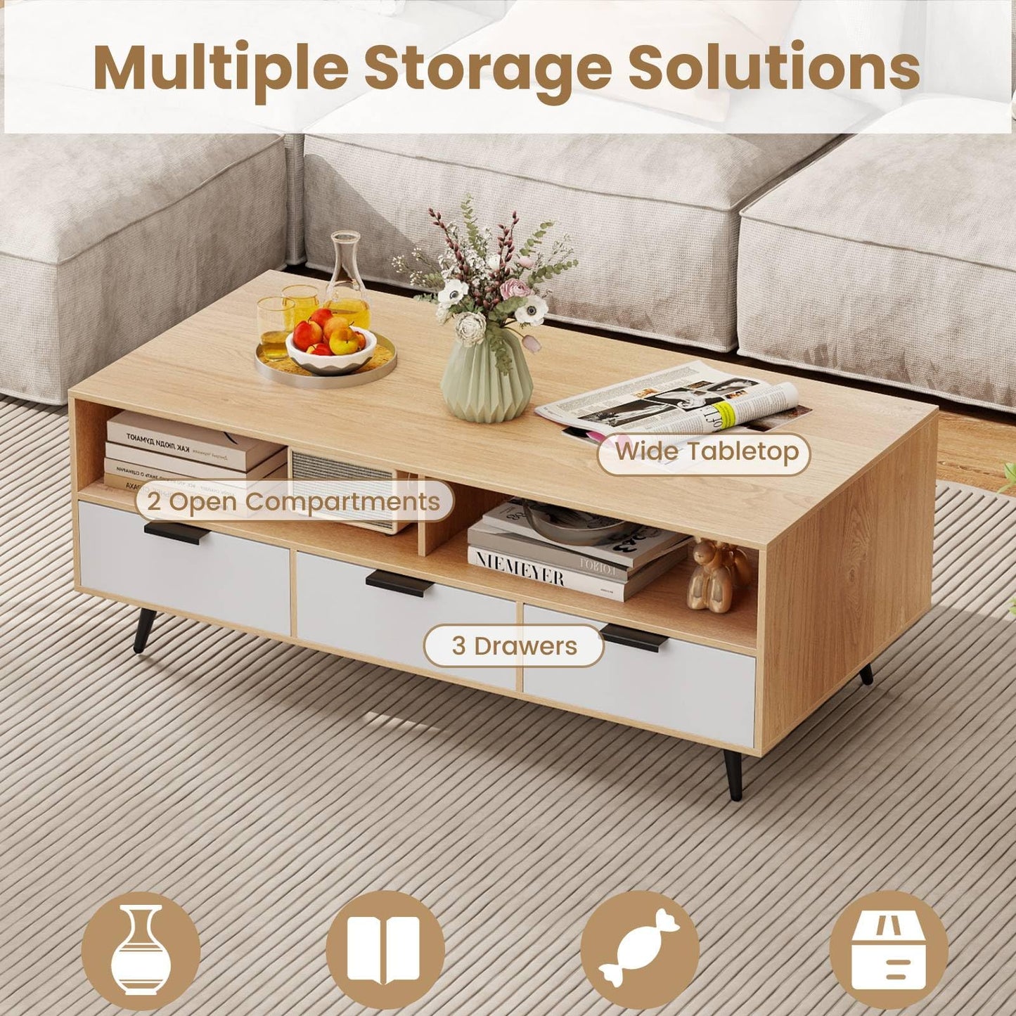 Coffee Table with Storage 47 Inch Center Table with 2 Open Compartments