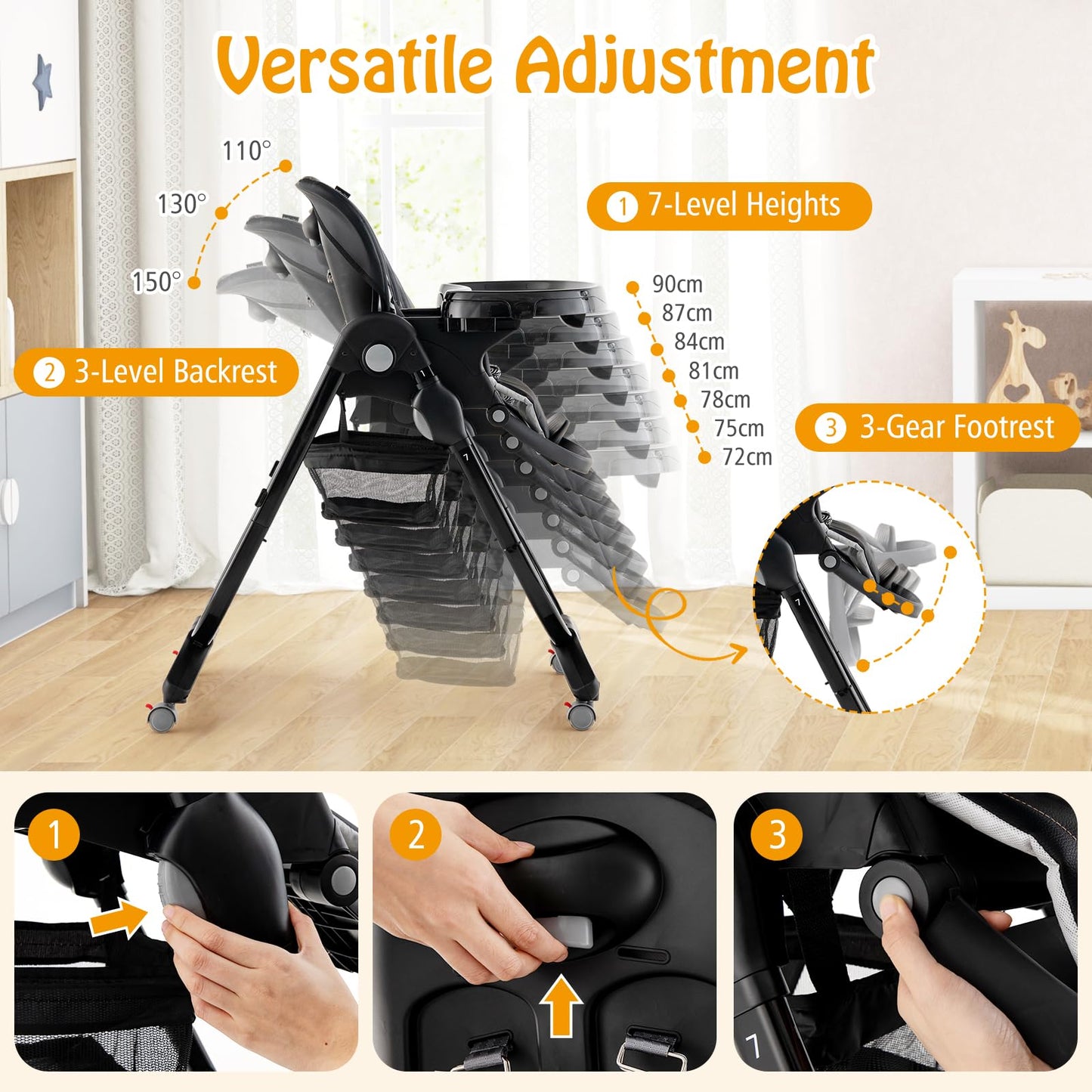 Adjustable & Folding Baby Highchair with Lockable Wheels