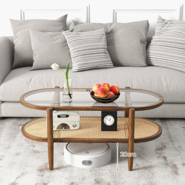 Tempered Glass Cocktail Snack Tea Center Table with PE Rattan Storage Shelf