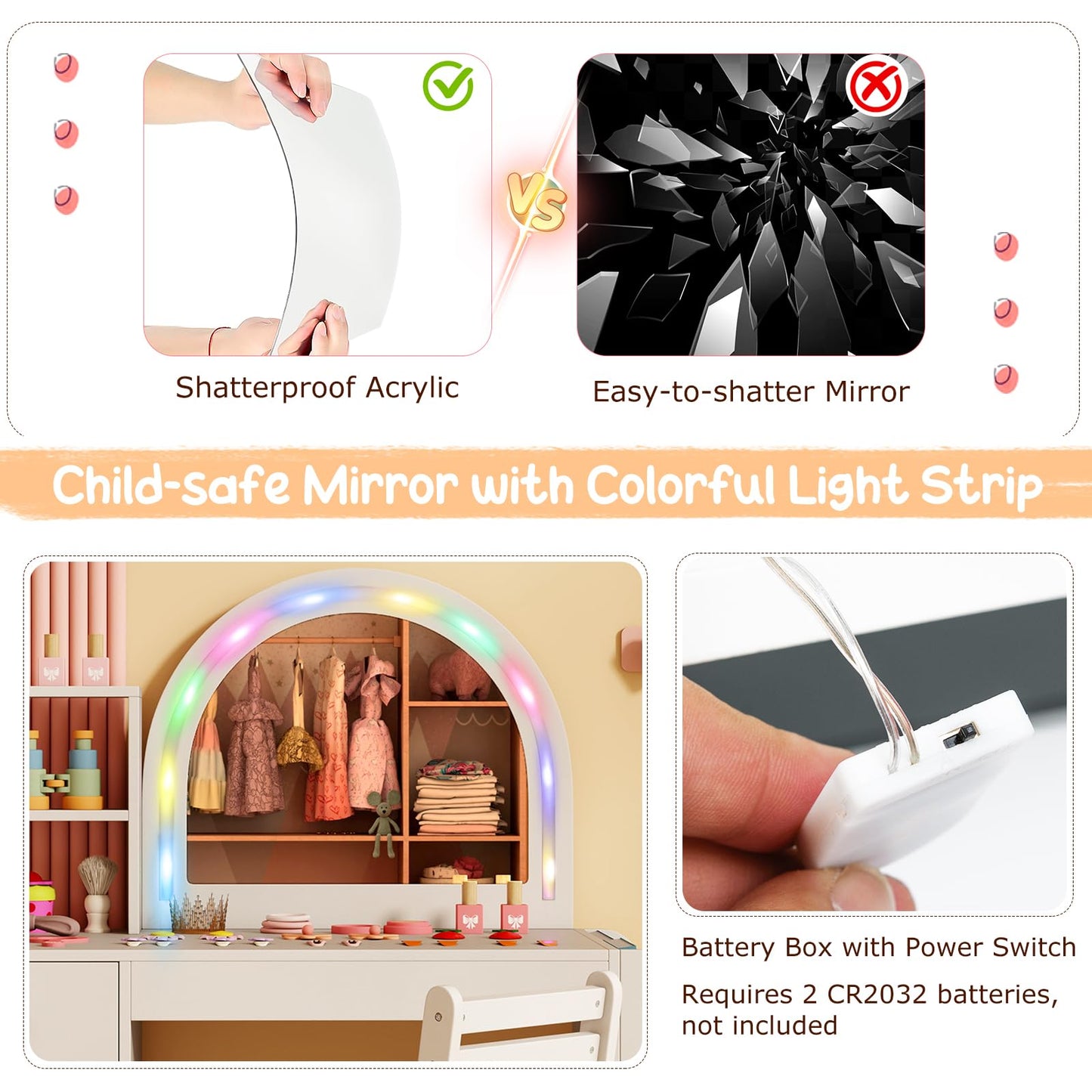 Kids Vanity Table and Chair Set with Lighted Mirror Open Storage Shelves