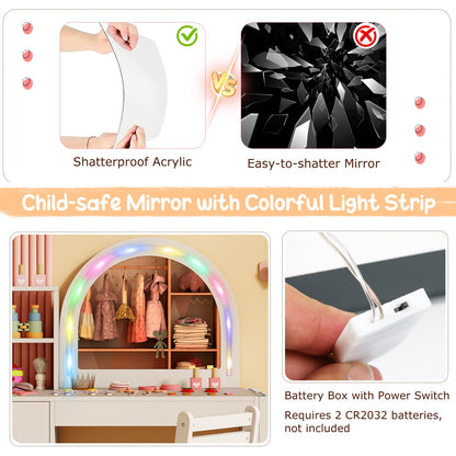 Kids Vanity Table and Chair Set with Lighted Mirror Open Storage Shelves