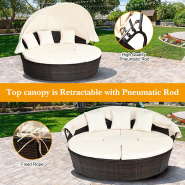 Patio Wicker Sun Bed Sectional Sofa Set with Retractable Canopy