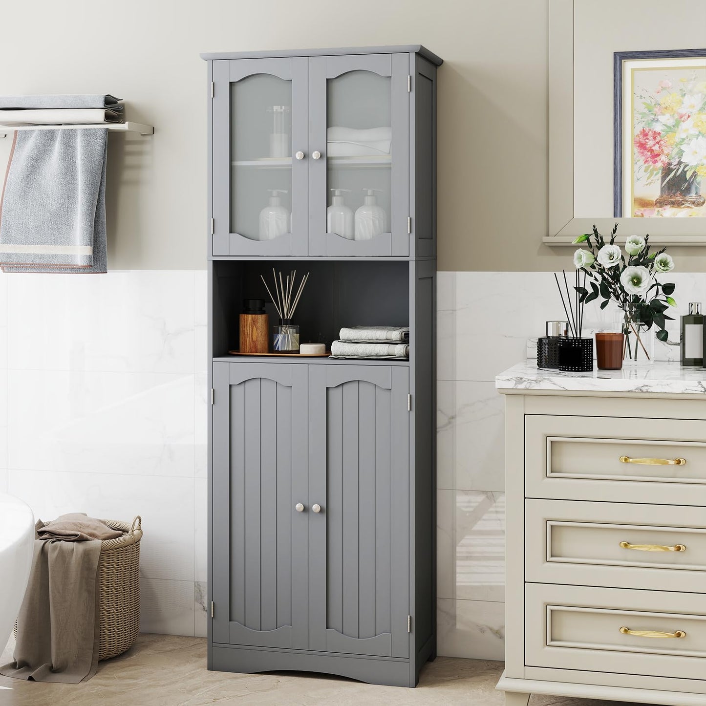 Tempered Glass Door Pantry Cabinet with 3-Position Adjustable Shelves