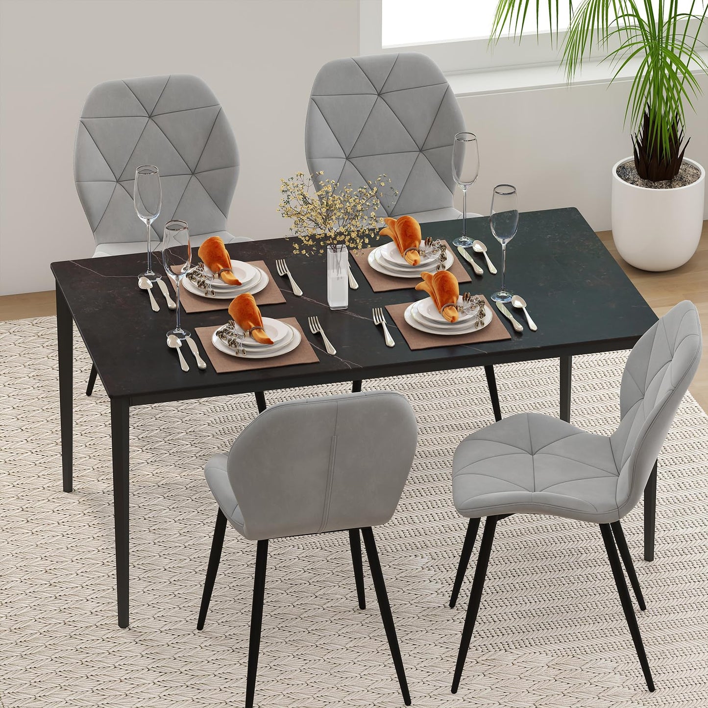 Upholstered Dining Chair Set of 4 with Ergonomic Backrest and Curved Seat