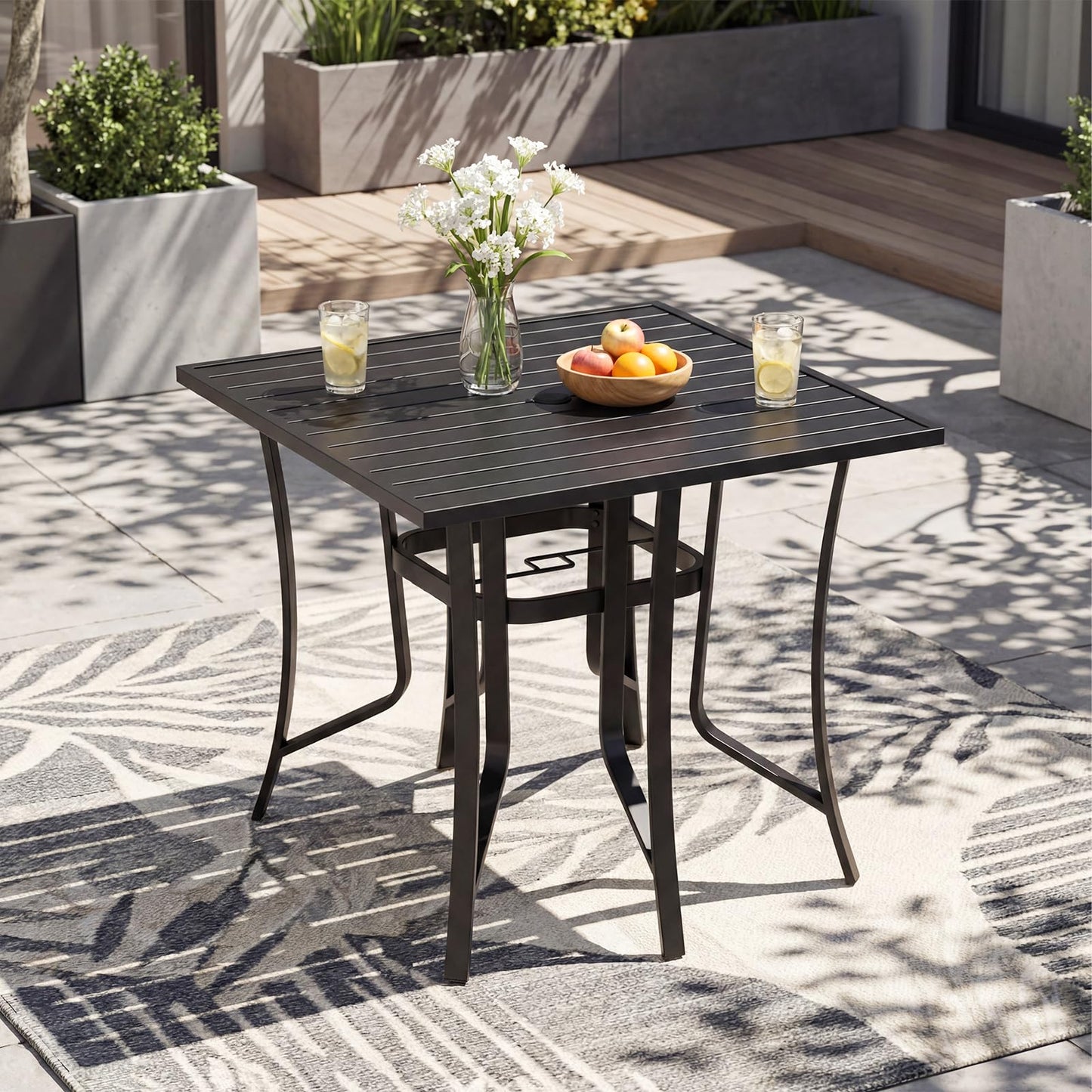 91CM Square Patio Table for 4 Outdoor Metal Dining Table with Umbrella Hole