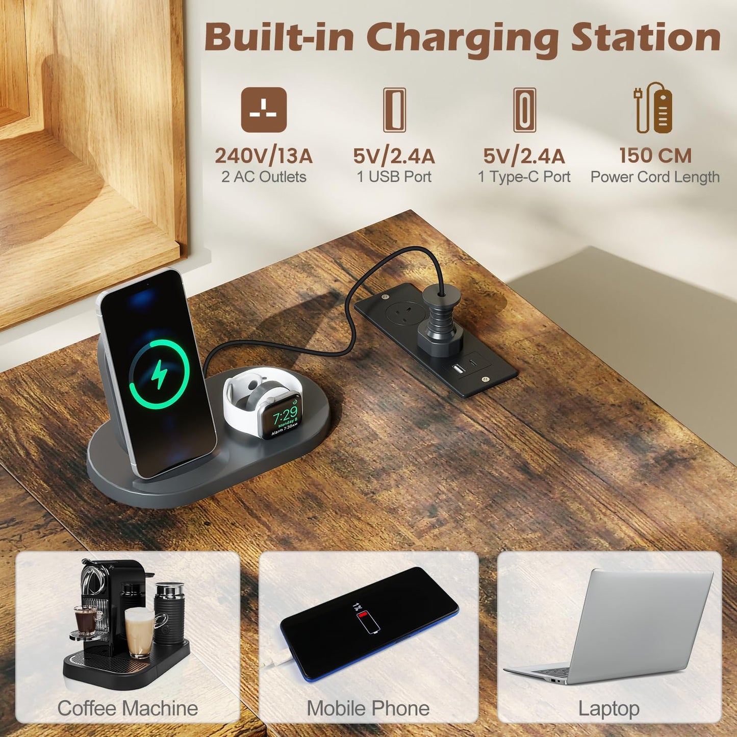 3-Piece Bar Table Set with Charging Station